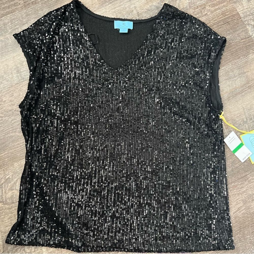 CeCe Sequined V-Neck‎ Cap-Sleeve Black Blouse-Size Large